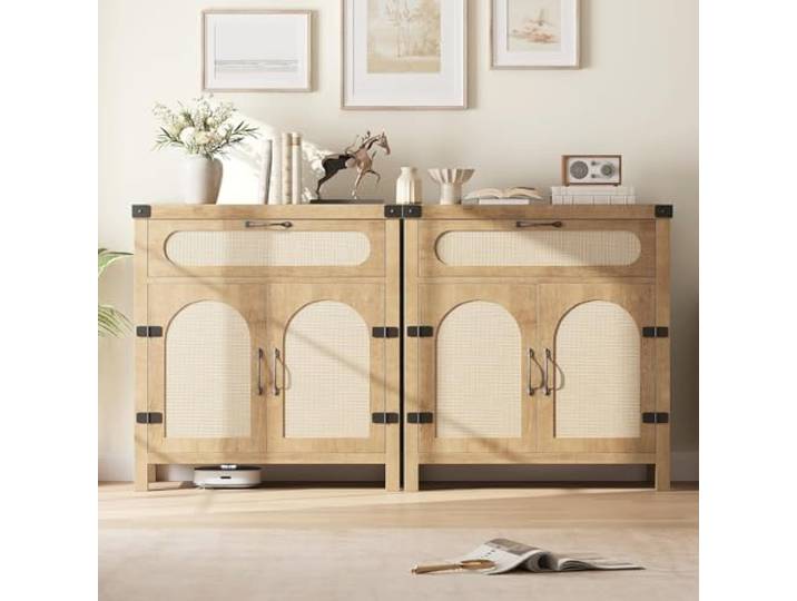 IDEALHOUSE Rattan Sideboard Mit Schublade & Türen, Holzfarbe Mit verstellbaren Ablagen, reichlich Stauraum, passend für Wohnzimmer, Esszimmer und Flur