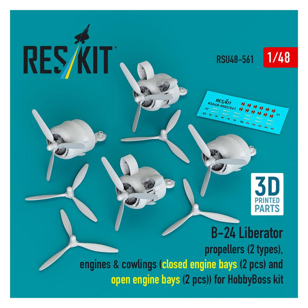 ResKit B-24 Liberator propellers (2 types), engines & cowlings (closed engine bays (2 pcs) and open engine (RSU48-0561)