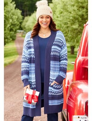 Plus Size Women's Classic Fair Isle Coatigan by Catherines in Navy Fair Isle (Size 2X)