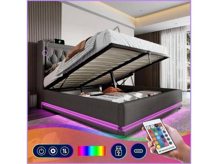 Bett Double 140x200 cm - Gris Baumwolle - Espace Rangement Hydraulique + USB-C + LED