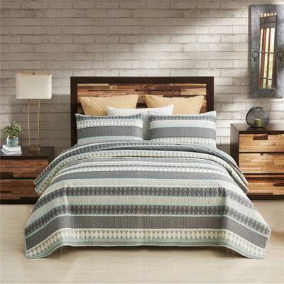 JML 3-piece Striped Quilt Set Reversible Coverlets Bedding Set