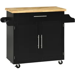 MODFU Küchenwagen Servierwagen Schwarz 109x40x89 cm mit Arbeitsplatte, Schublade, Schrank, Gewürzregal, Handtuchhalter, Rollen mit Bremsen