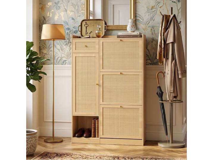 Meuble à Chaussures Slim 80 5x25x125 cm Grand Rangement Gain de Place Design Soigné Rotin