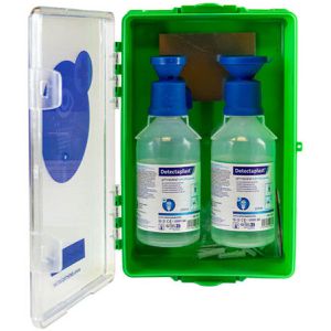 Detectaplast Augenspülung Saline, steril, pH-neutral, Augenspülstation mit Wandbox, 4,9 % Phosphatlösung, 2x 250ml