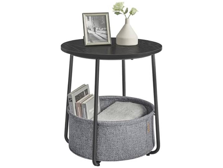 VASAGLE Petite Table Basse Ronde\, avec Panier en Tissu Table d'Appoint avec Rangement\, pour Salon\, Chambre\, Style Contemporain\, Noir et Gris\, Collection LILEA LET223B01