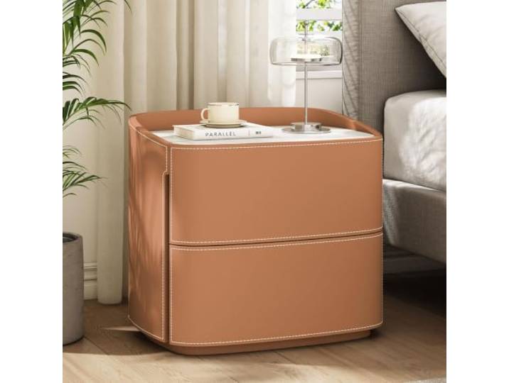 Moderner Nachttisch 2 Schubladen Schlichter Beistelltisch Rahmen aus Massivholz Leder Wohnaccessoires Komplett montiert(Orange,50cm/20in)