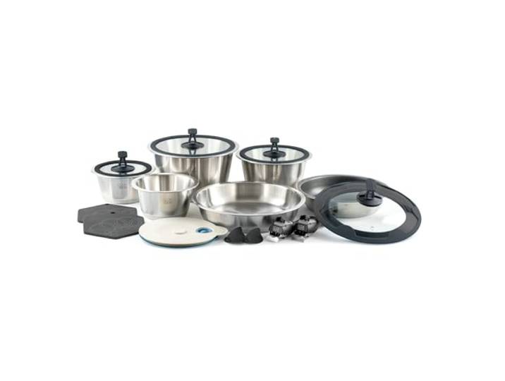 cookvision nesto stapelbares Topf- und Pfannenset 17-tlg. Schwarz, 4 Edelstahltöpfe für Spülmaschine, Induktion, Backofen, 2 Pfannen, 2 abnehmbare Griffe, 3 Glasdeckel, für Paare, Camping, Reisen