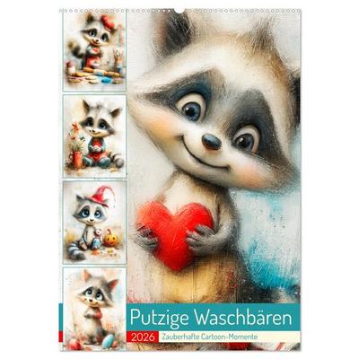 Putzige Waschbären. Zauberhafte Cartoon-Momente (Wandkalender 2026 DIN A2 hoch), CALVENDO Monatskalender