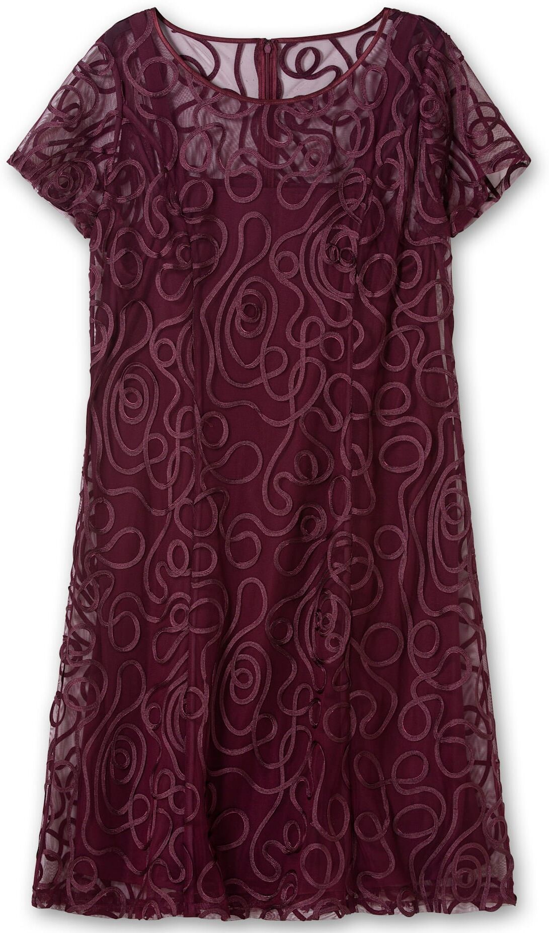 Spitzenkleid SHEEGO "Spitzenkleid", Damen, Gr. 50, Normalgrössen, lila (aubergine), Spitze, 100% Polyamid, unifarben, knielang, Rundhals, Kleider Spitzenkleid aubergine 50, Normalgrössen