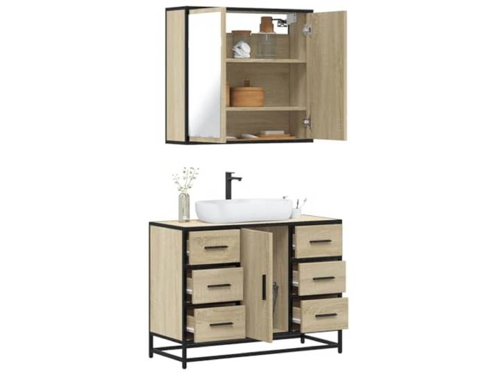 HWKQEQRF 2-TLG. Badmöbel-Set Sonoma-Eiche Holzwerkstoff Waschbeckenunterschrank, Spiegelschrank, Metallgestell, Wandmontage, Lowboard, Stauraum, Bad