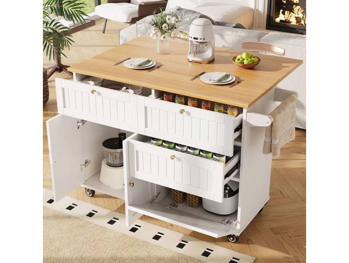 Îlot de cuisine moderne buffet table à manger multifonctionnelle avec rangements table à plateau extensible blanc