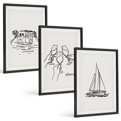 BILDER SET 3er Set - 40x60 cm Schwarzer Rahmen - Haus am Wasser, Segelboot-Toast