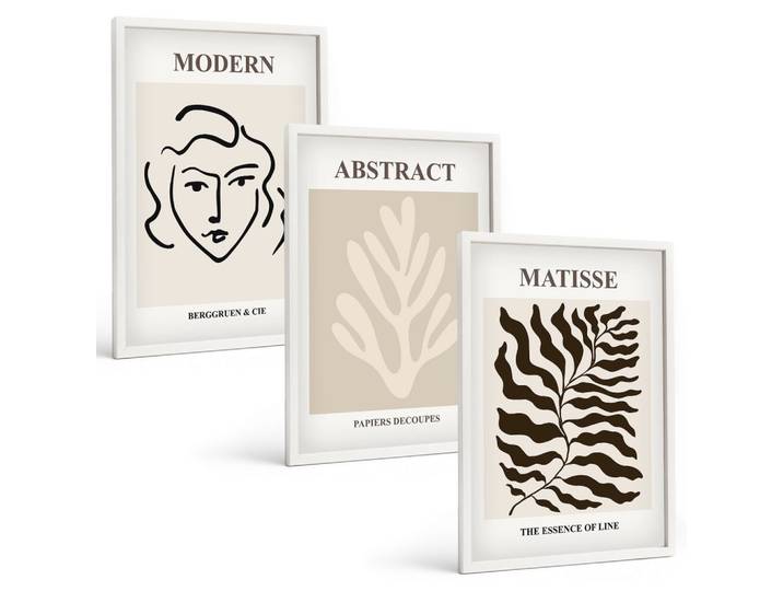 BILDER SET 3er Set - 40x60 cm Weißer Rahmen - Gesicht Blätter Kunst Matisse