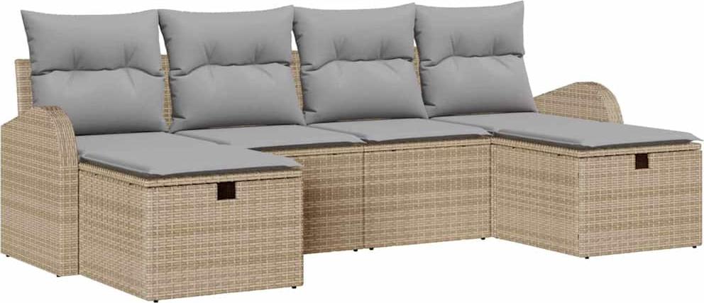Garten-Sofa-Set 6-teilig, Poly-Rattan, Beige Hellgrau, Modular, Stauraum, Wetterfest, Sitzbreite 55 cm