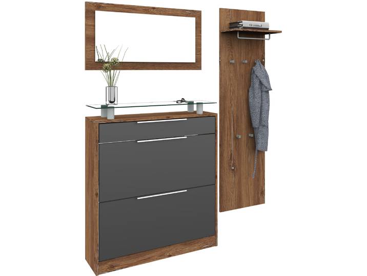 Garderoben-Set BORCHARDT MÖBEL Oliva , grau (vintage eichefarben, graphit matt), Kastenmöbel-Sets, Garderoben-Set, (3-tlg.), mit stehendem Schuhschrank, Paneel und Spiegel