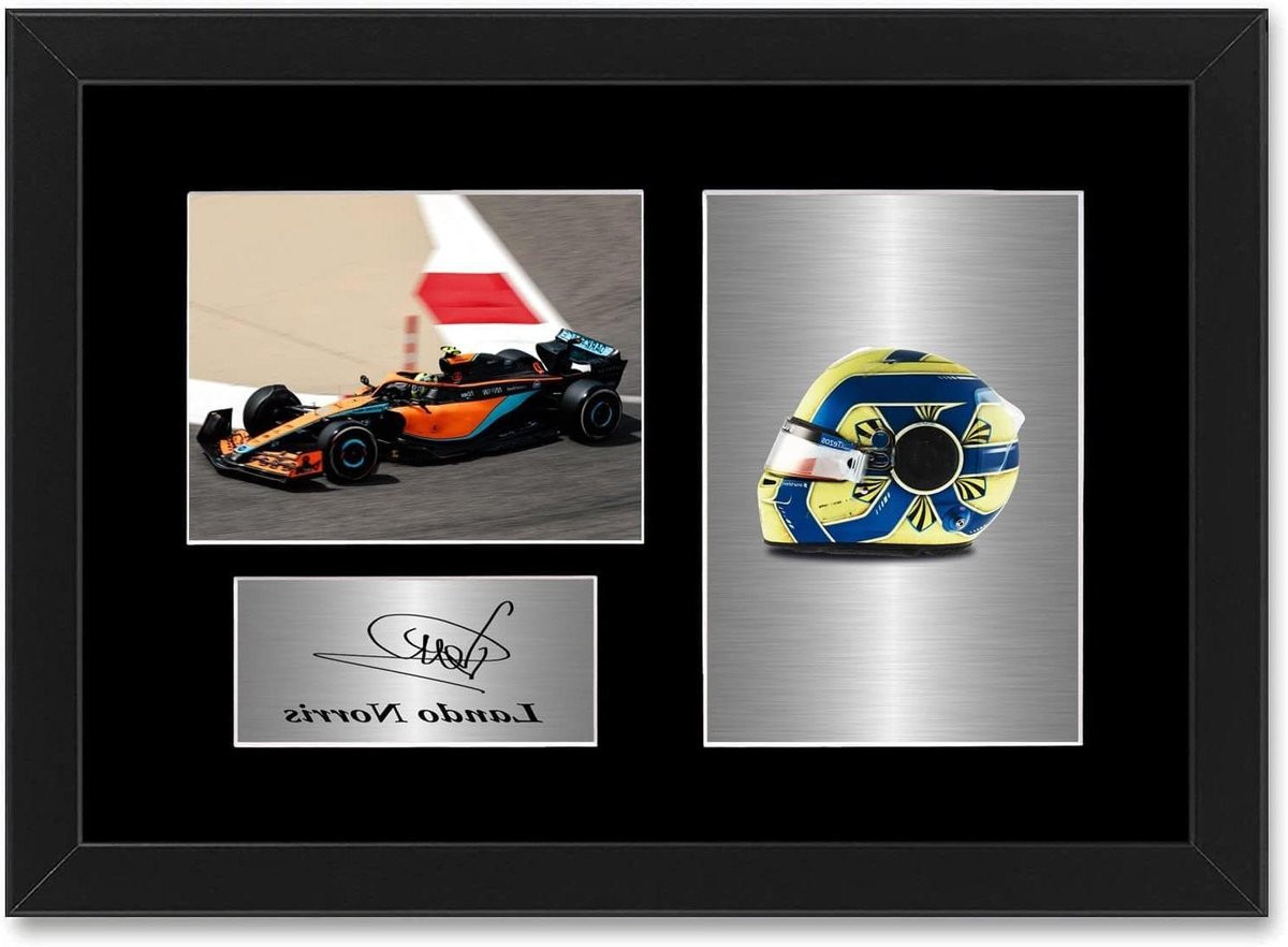 Gesigneerde Lando Norris Helm Foto Display voor Woonkamer Decoratie - A4 Formaat - Zwart