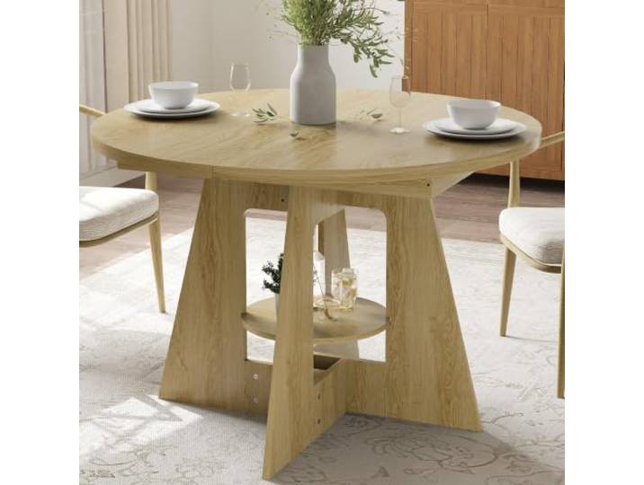 GarveeMore Runder Esstisch 120 cm für Küche & Esszimmer – Kratzfeste, leicht zu reinigende MDF-Tischplatte in Holzoptik, Kreuzgestell mit Ablagefach/Stauraum