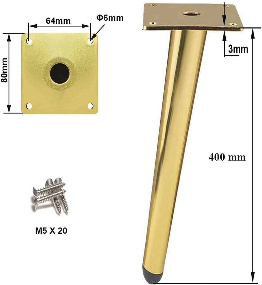 Set van 4 gouden kegelvormige metalen tafelpoten in roestvrij staal, Hoogte: 40 cm