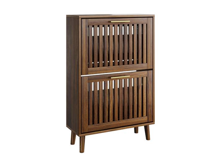 Redom Schuhschrank 60 cm mit 2 Klappen, offenem Ablagefach und Kippschutz im Landhaus-Design, Walnussfarben, 60x93x24 cm, Garderobe, Schuhaufbewahrung, Schuhschränke