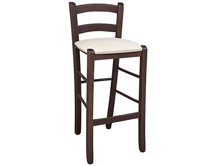 Hocker aus dunklem Nussbaumholz H 67 cm, Sitzfläche gepolstert mit beige/cremefarbenem Kunstleder