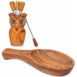 Natura Punto, Serviergeschirr, Tapas-Set Eule: Schale 22 cm + Eule mit Snack- & Olivengabeln 8-teilig