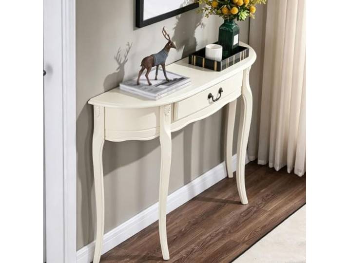 MDEUFYWEGB Halbrunder Konsolentisch mit Schubladen, schmaler Sofatisch Eingangstisch aus Holz im Vintage-Stil,Dekotische in Eingangsbereichen und Wohnzimmern.(Ivory White,120cm/47.2in)