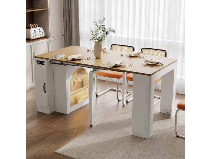 QQJIN Kücheninsel Freistehend Als Ausziehbarer Esstisch, Mobile Kücheninsel mit Integrierte Steckdosen und LED für Küche und Esszimmer,Weiß, I