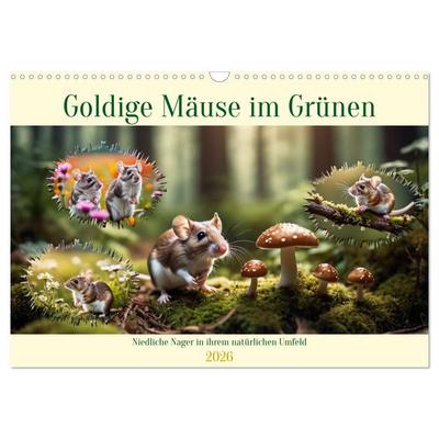 Goldige Mäuse im Grünen (Wandkalender 2026 DIN A3 quer), CALVENDO Monatskalender