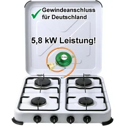 Gaskocher, 4-fl. 50 mbar mit Campingregler 50 mbar  und Gasschlauch 100cm