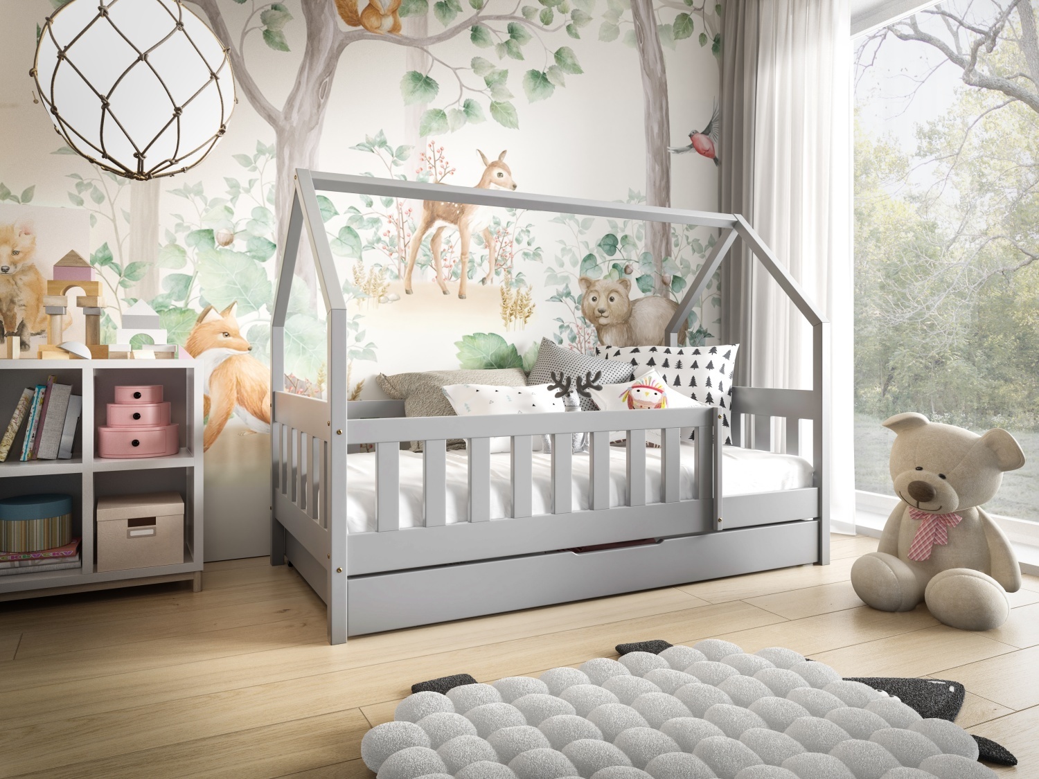 MTJMöbel Kinderbett LUNA 160x80cm mit Matratze, Hausbett mit Schublade und Schutzbarriere, Grau Holz