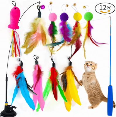 Inspire Curations PurrPlay 12 Piece Suction Cup Cat Wand Toy Set b88184