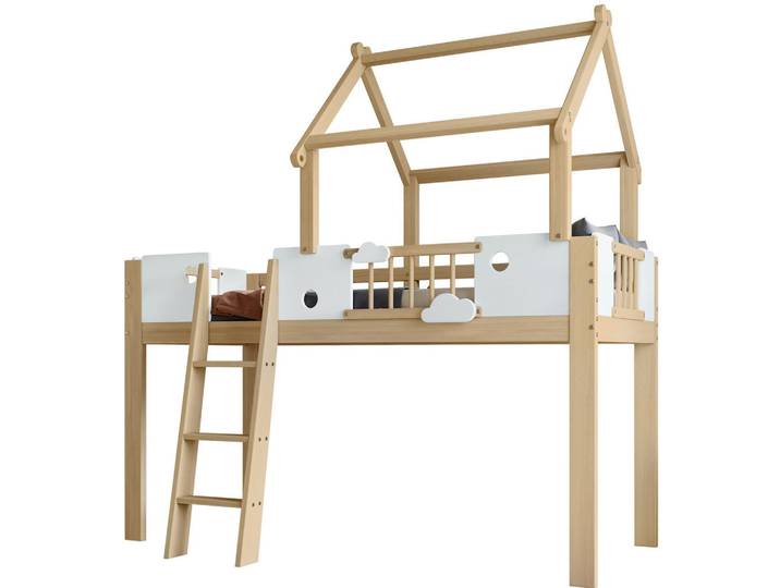 Redom Hochbett 90/200 cm aus Kiefer/MDF mit Dachdesign, Fallschutz, 3-stufiger Leiter und frei nutzbarem Unterraum, Weiß/Natur, 90x200 cm, Babymöbel & Kindermöbel, Kinderzimmer & Jugendzimmer, Kinderbetten, Hochbetten