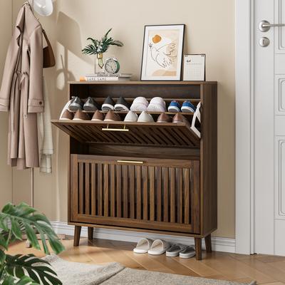 Clihome Walnut Storage Shoe Cabinet with 2 Flip Drawers