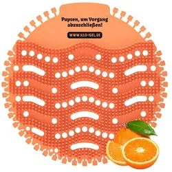 12x Klo-Igel Urinaleinleger (Pissoirsieb, Pissoireinsatz, Urinalsieb) Orange: "Pupsen, um Vorgang abzuschließen!"
