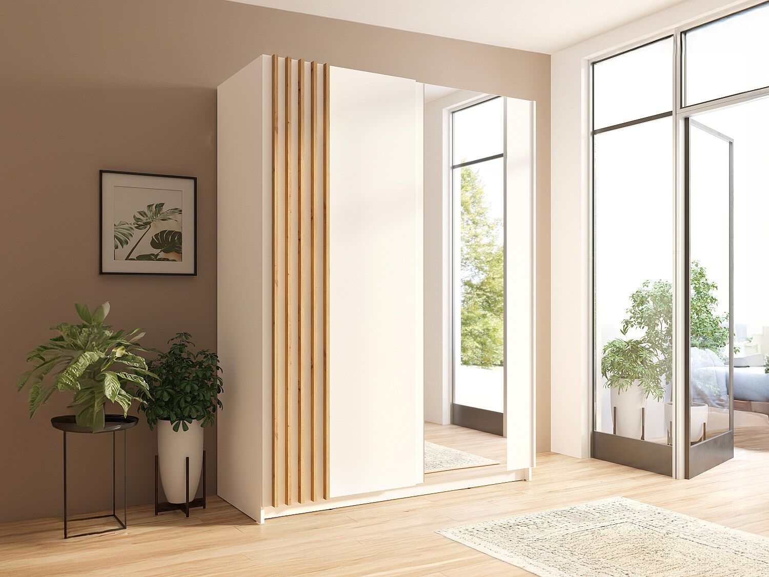 Unique Armario de 2 puertas correderas - Con espejo - Ancho 150 cm - blanco y natural - CALELA