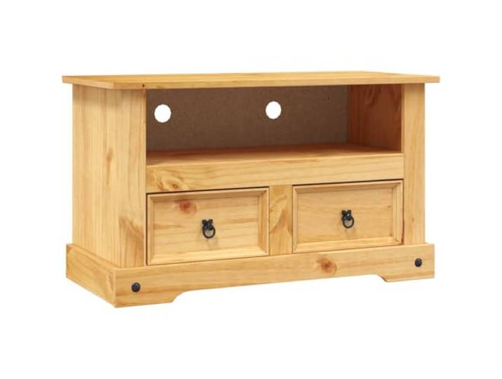 Kaorsrow TV Lowboard Massivholz Fernsehtisch 91x43x56 cm Braun Rustikales TV-Möbel im Corona-Stil fürs Wohnzimmer mit 2 Schubladen, offenem Fach und integrierter Kabelöffnung.