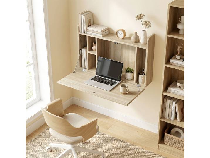 HOMCOM Bureau Mural Table Pliante avec Étagères 77x20x51cm Maison