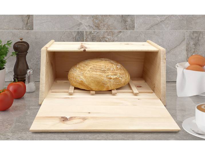 Metalfreie Holz-Brotbox mit Klappe und Gebäckgravur aus Zirbe