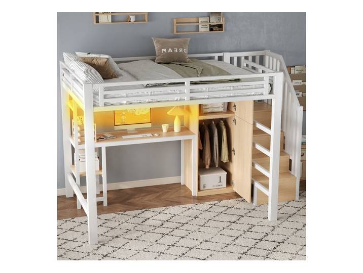MODFU Hochbett Funktionsbett Stauraumbett Kinderbett (mit Schreibtisch, Regal & LED-Beleuchtung – Kleiderschrank & Stauraumtreppe für effiziente Raumnutzung, 1-St., 140x200)