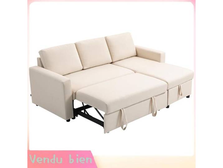 LIA Canapé angle convertible modulable méridienne réversible coffre rangement 3 coussins crème