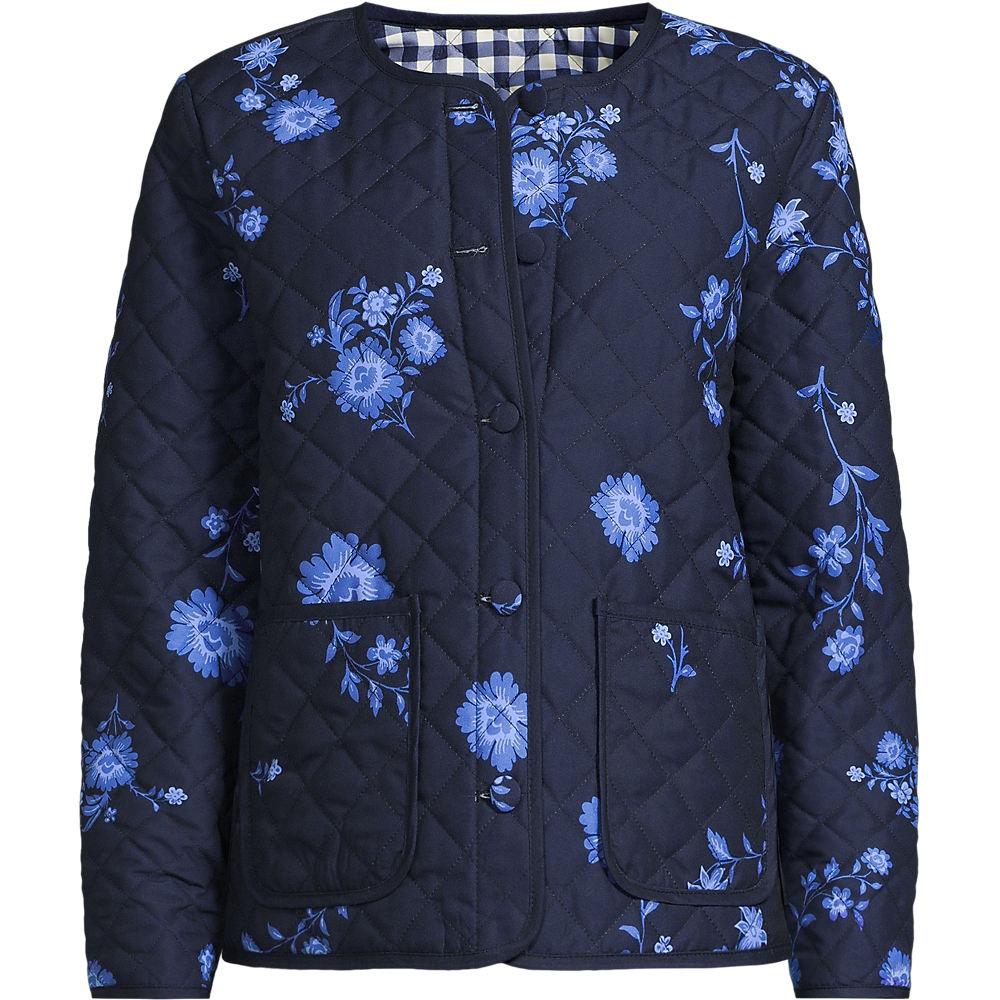 Kragenlose gemusterte FeatherFree™ Wende-Steppjacke, Damen, size: regular, Blau, Polyester, by Lands' End