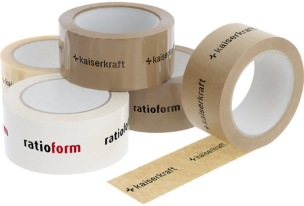 kaiserkraft PET-Paketband, individuell bedruckt, VE 36 Rollen, Druck 3-farbig, weiß, ab 4 VE