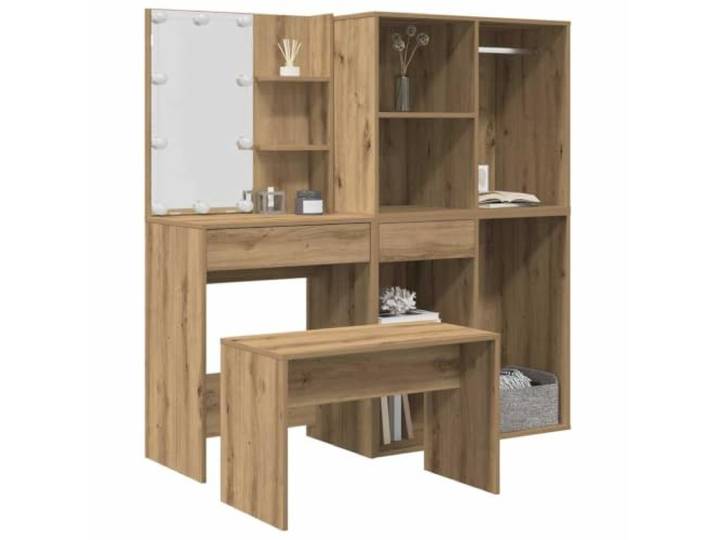 FMPGJLYH Schminktisch-Set mit LED-Licht, Artisan-Eiche Holzwerkstoff 3 Lichtfarben, Viel Stauraum, Inklusive Hocker