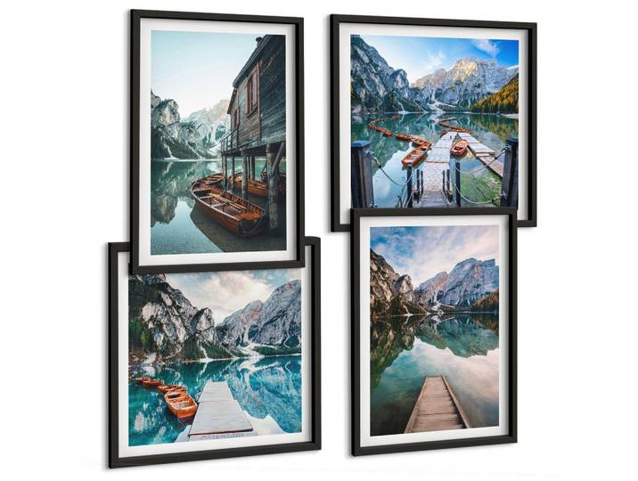 BILDER SET 4er Set - 50x50 cm & 40x60 cm Schwarzer Rahmen - See Berge Holzboote