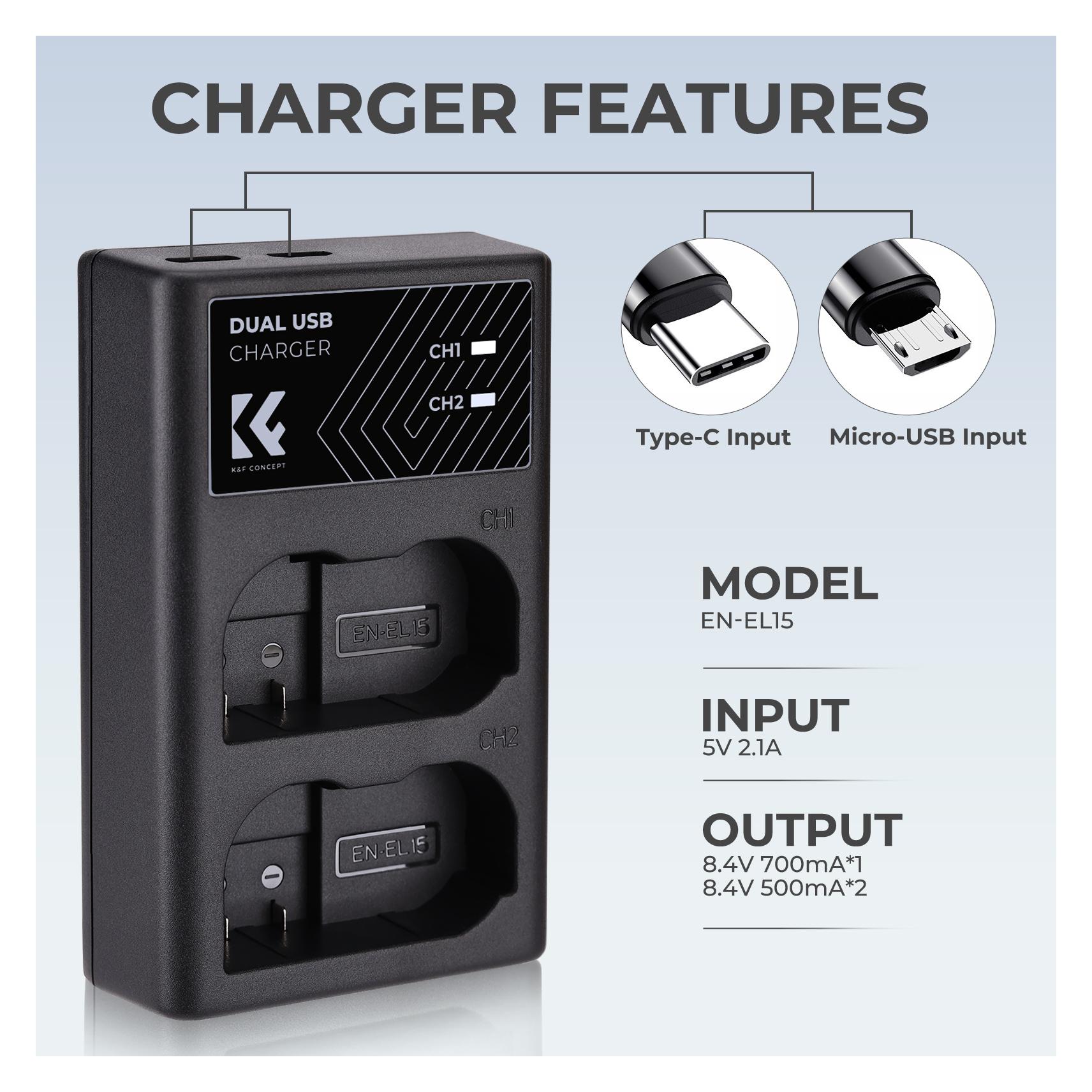 K&F Concept EN-EL15 Digital Camera LED Dual Channel Charger with Type C Charging Cable (Kamera Akku Ladegerät) (KF28.0006)