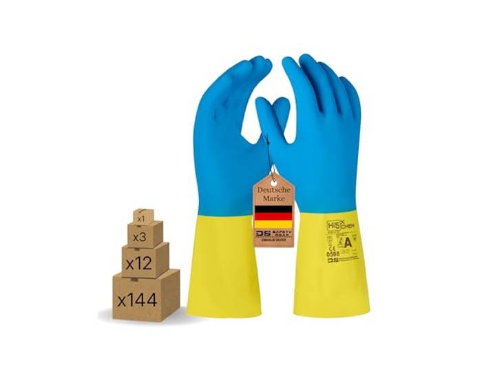 Hi5 Chem - Chemikalienschutzhandschuhe aus Naturkautschuk- Größen M, L, XL, XXL, (8, 9, 10, 11) - rutschfeste, flüssigkeitsdichte Arbeitshandschuhe mit Flockfutter - für Industrie (L, 144.0, stück)