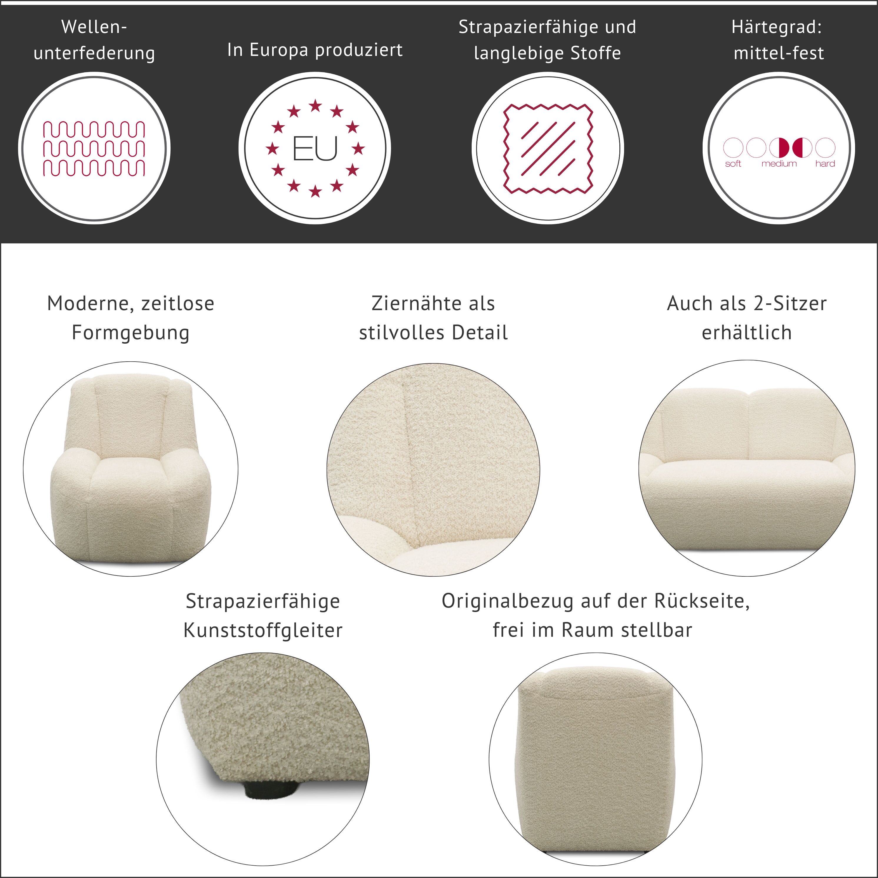 Polstergarnitur DOMO COLLECTION "Ryos, Sessel und 2-Sitzer, organische Form", beige (creme), H:82cm T:93cm, 100% Polyester, Sitzmöbel-Sets, skulpturale Opik, cozy chic