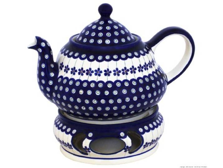 Bunzlauer keramik Original Teekanne 1,5 Liter mit integriertem Sieb und Stövchen im Dekor 166a