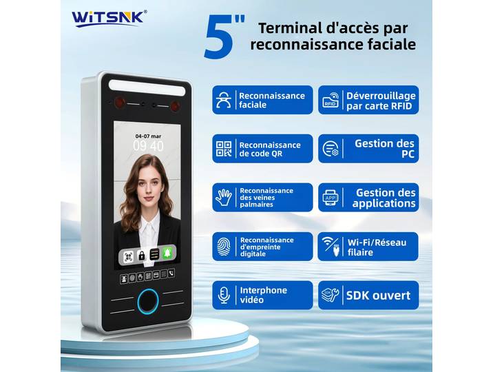 Machine de contrôle d'accès biométrique 5 pouces avec reconnaissance faciale, empreinte digitale, veine de la paume, code QR, RFID, WiFi, RJ45, Wiegand