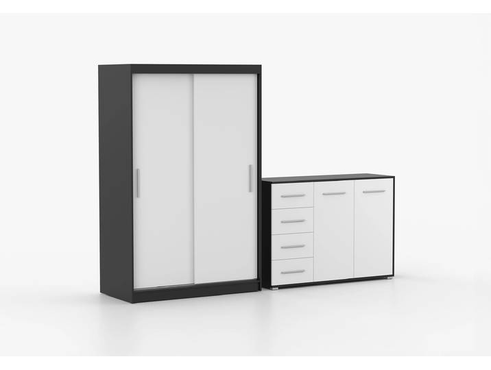 Schwebetürenschrank und Kommode 2er-Set NEOMI 04/FRIDA 01 Schwarz Weiß